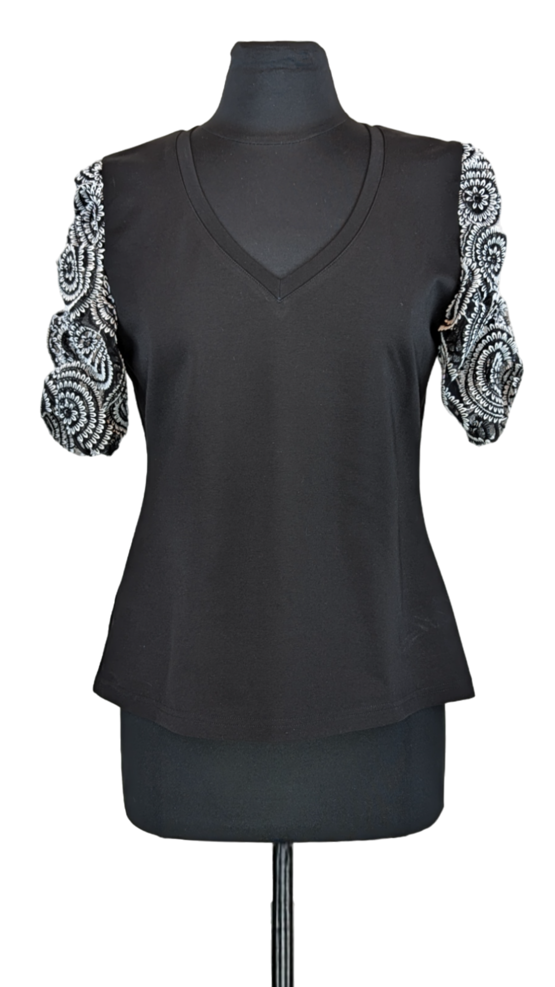 Knit Tee with Spiral Mesh Sleeves